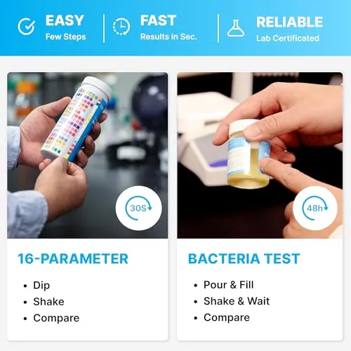 16 in 1 Drinking Water Test Kit - Comprehensive Water Quality Analysis Includes pH, Hardness, Chlorine, Fluoride, Lead, Iron, Copper for Home Tap and Well Water