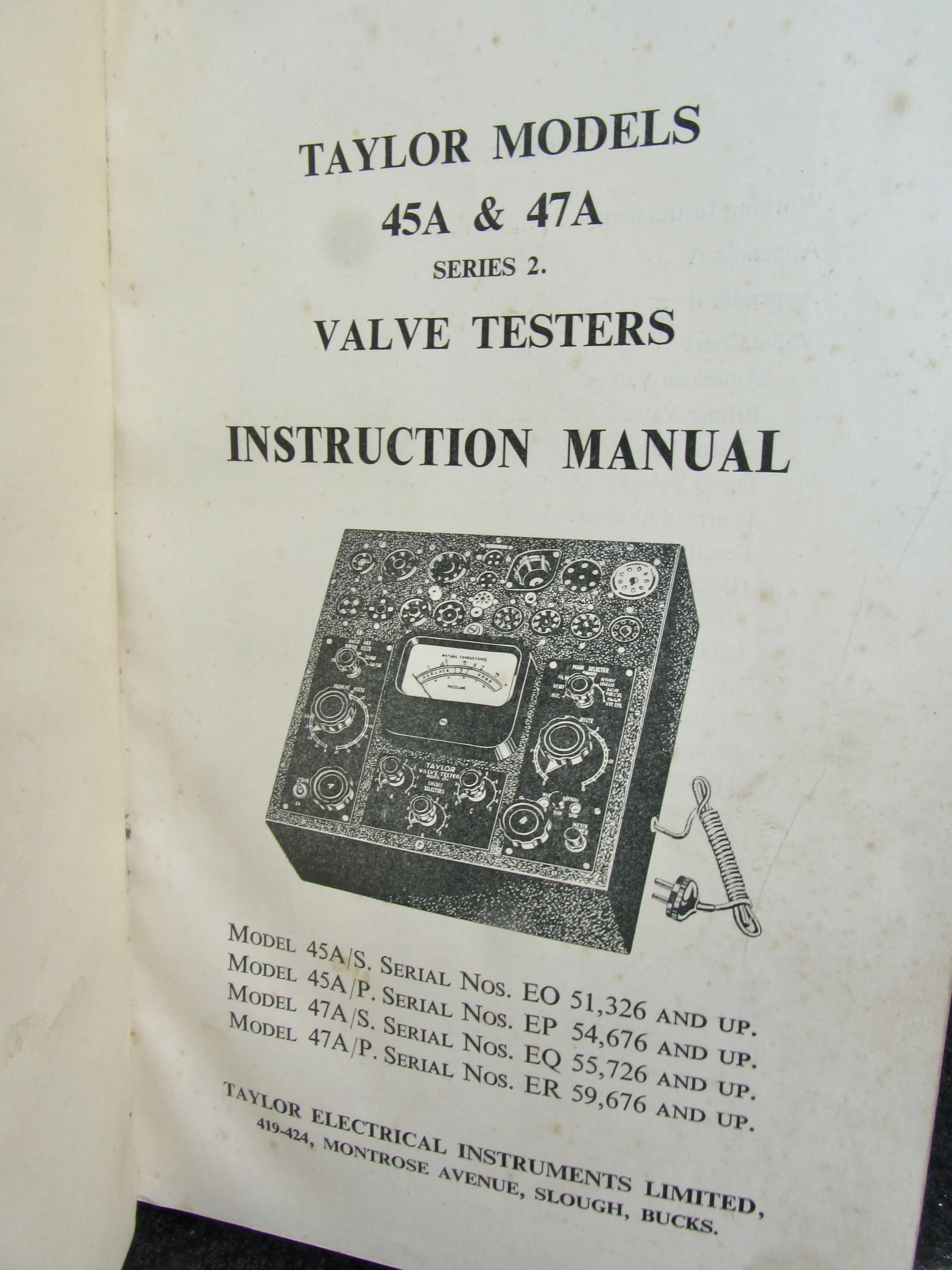 1950s Taylor Model 45A Series 2 Valve Tester With Instruction Manual