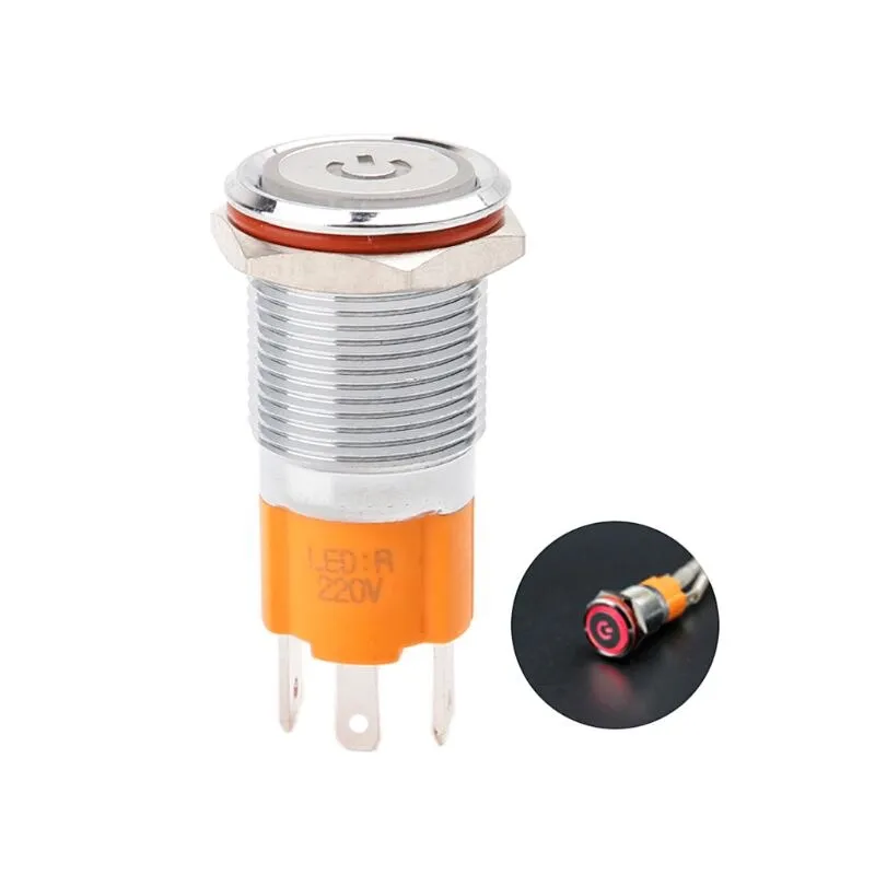 1PC Hole Size 16 mm Self-locking/Latching switch Metal push button switch With LED Light 220 V 10A Whosale&DropShip
