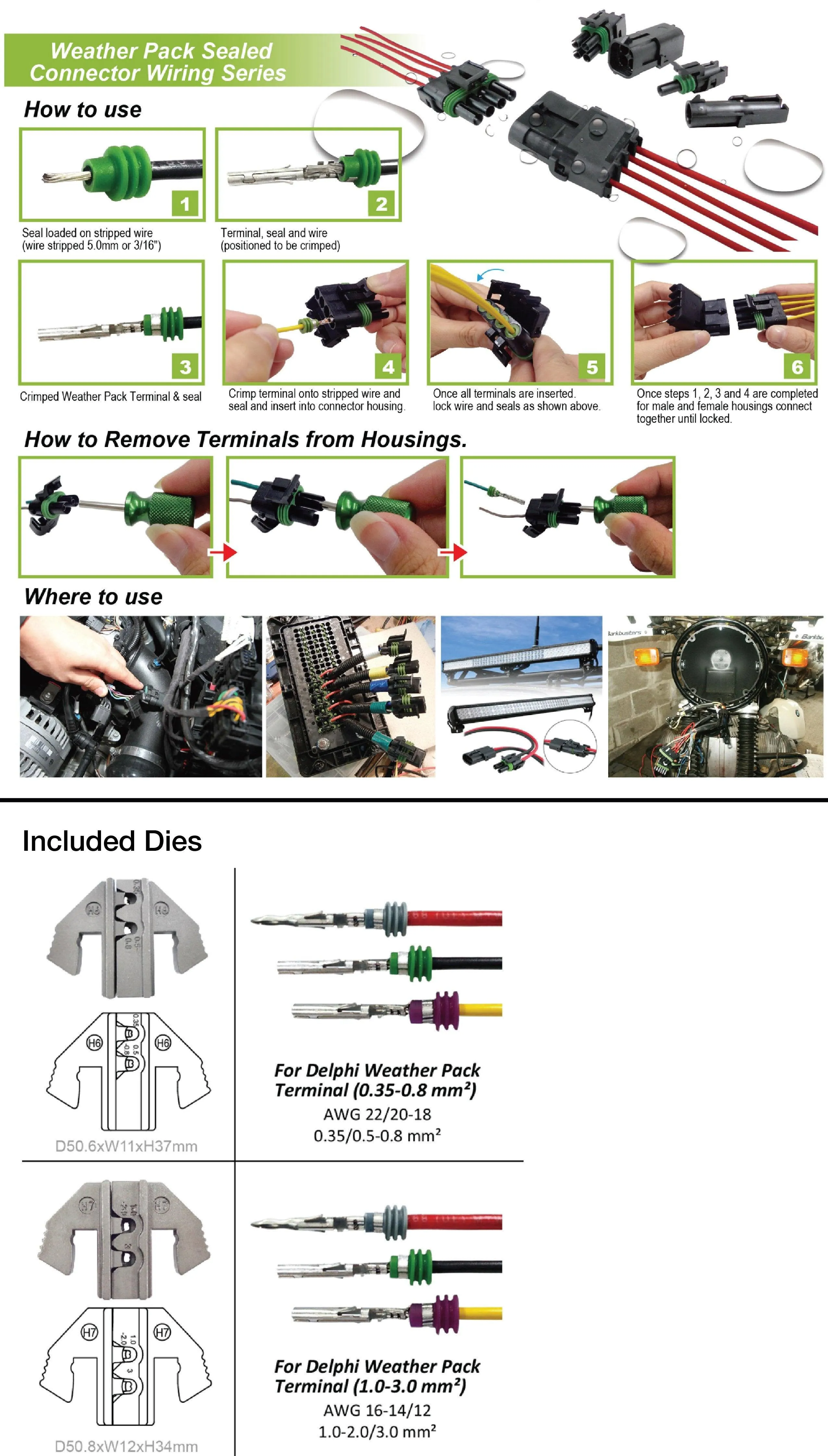 225pc Weather Pack Terminal Ratcheting Crimping Tool & Connector Kit - Includes 2 Interchangeable Dies and Wire Strippers