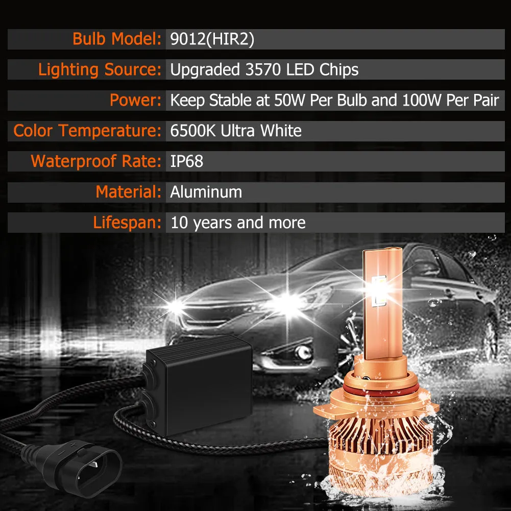 2pcs T12 9012 HIR2 LED Headlight Bulbs 50W Super Bright 6000K Cool White