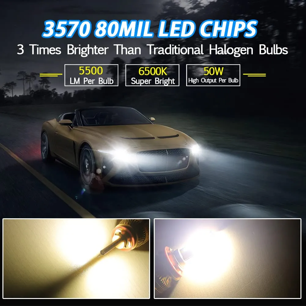 2pcs T12 9012 HIR2 LED Headlight Bulbs 50W Super Bright 6000K Cool White