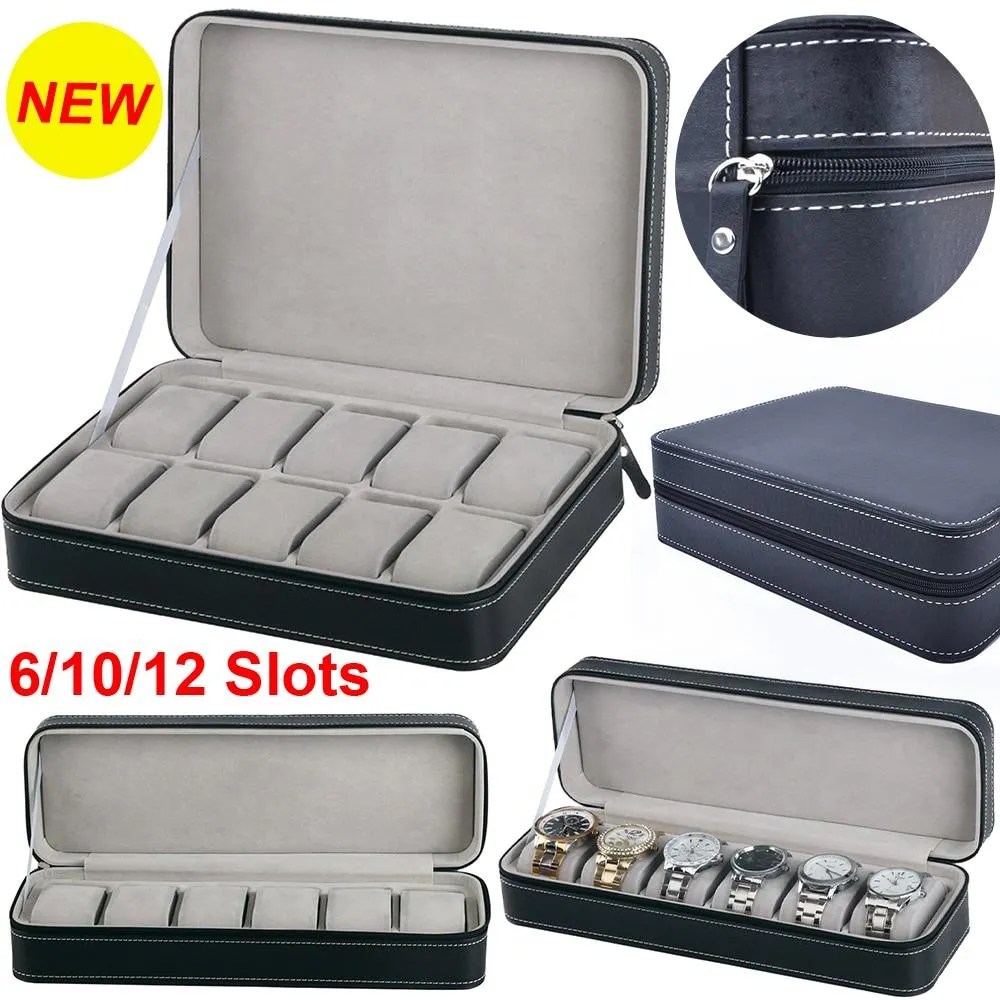 6/10/12 Slots Black Vegan Leather Apple Watch Box Portable Organizer