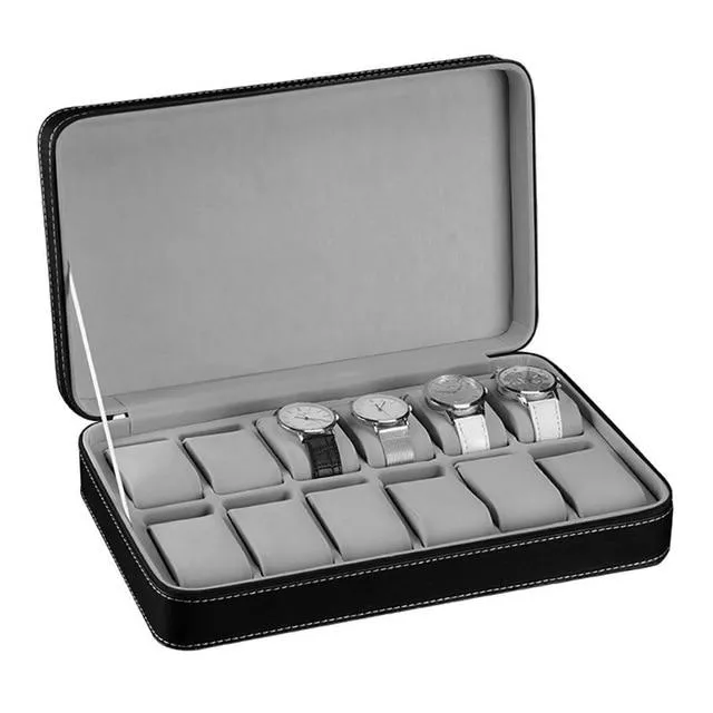 6/10/12 Slots Black Vegan Leather Apple Watch Box Portable Organizer
