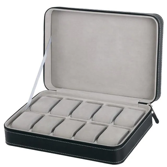 6/10/12 Slots Black Vegan Leather Apple Watch Box Portable Organizer