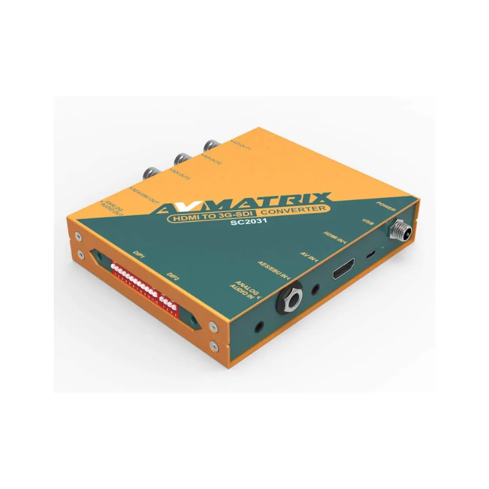 AVMATRIX HDMI & AV IN to 3X OUT 3G-SDI Scaling Converter with Up to 1080p 60Hz Long Range Video Transmission, Built-in DIP Switcher, PC Control via Micro USB, AES/EBU, and 3.5mm Audio Port for Broadcasting and Production | SC2031