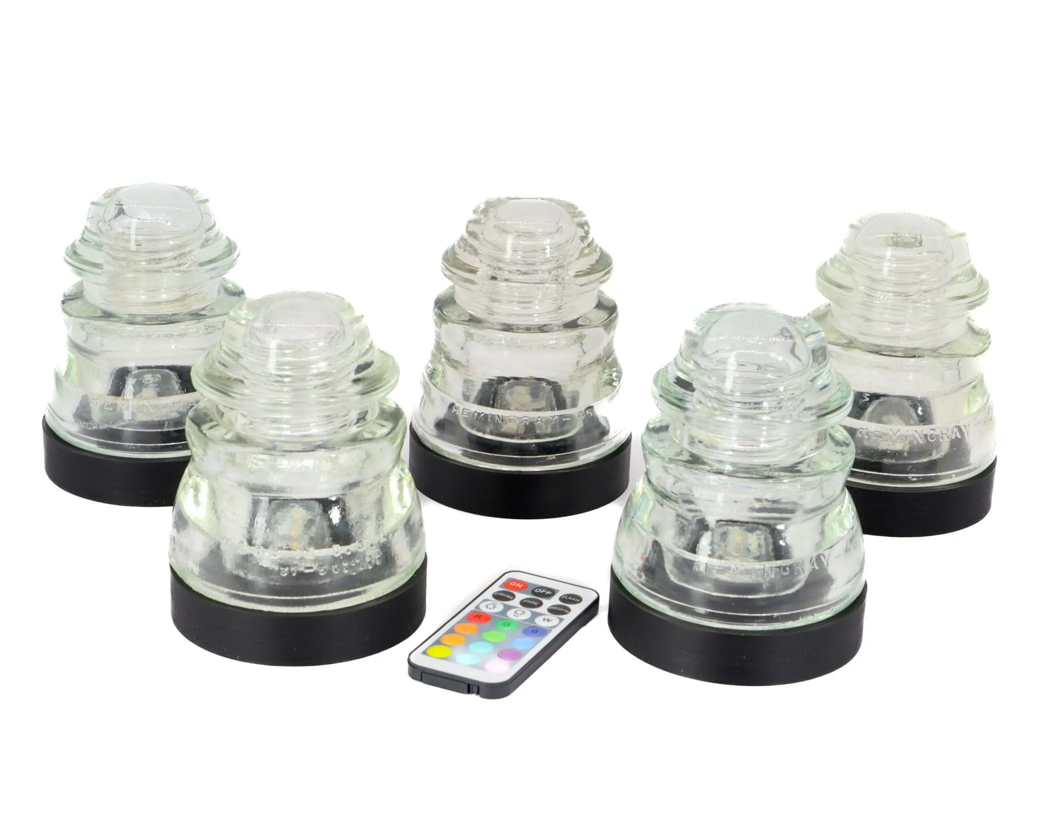 Battery Powered Lamp Base Set of 5 With Remote for Glass Insulators
