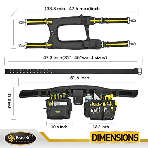 Bravex Tool Belt Suspenders, Tool Vest Pro Ultra 20 Bags Y-Style Toolbelt 5 Combo Apron Tool Pouch For Framers Carpenter Electrician 1200D Ballistic Nylon