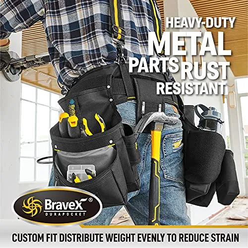 Bravex Tool Belt Suspenders, Tool Vest Pro Ultra 20 Bags Y-Style Toolbelt 5 Combo Apron Tool Pouch For Framers Carpenter Electrician 1200D Ballistic Nylon