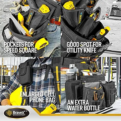 Bravex Tool Belt Suspenders, Tool Vest Pro Ultra 20 Bags Y-Style Toolbelt 5 Combo Apron Tool Pouch For Framers Carpenter Electrician 1200D Ballistic Nylon