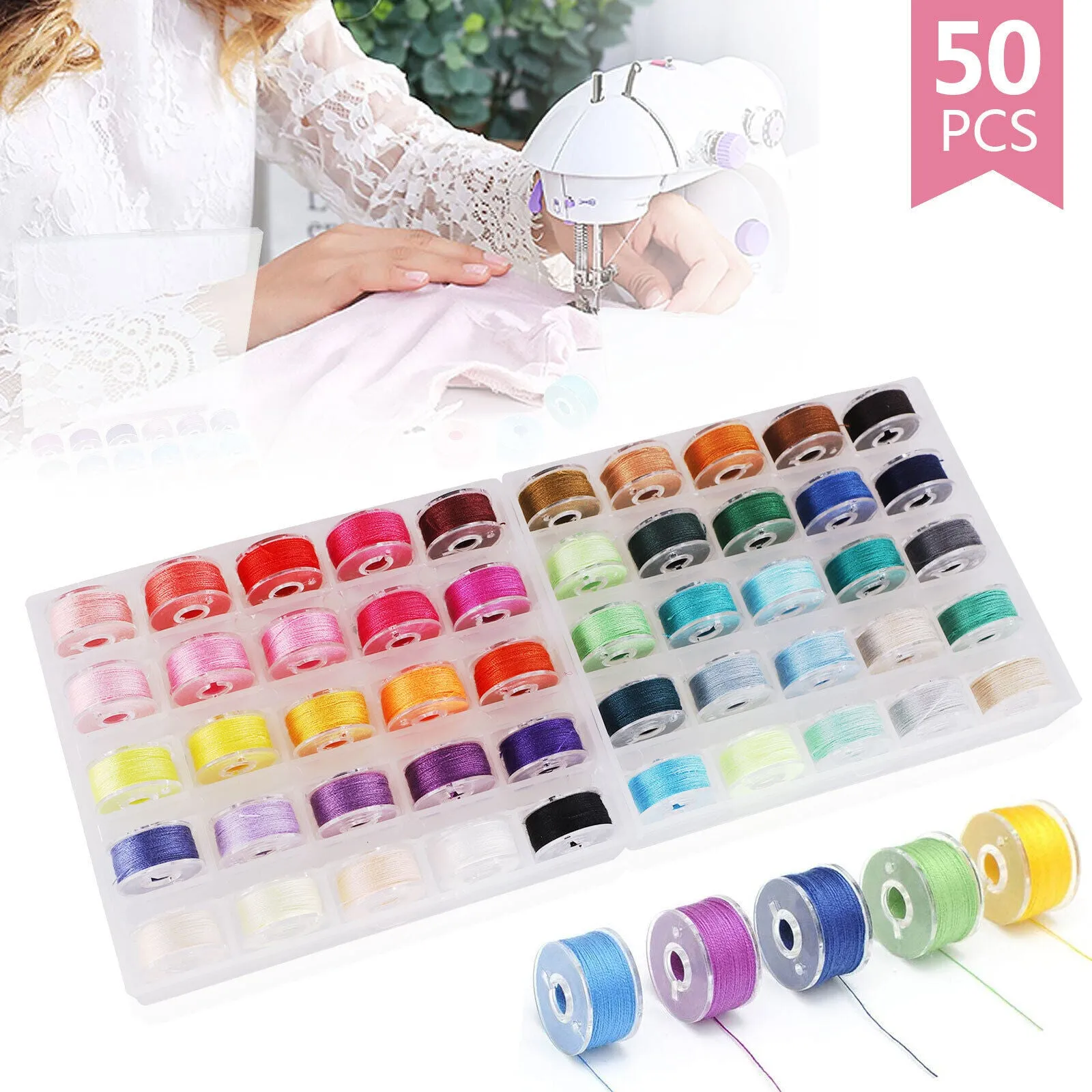 Case Organizer w/50 Clear Sewing Machine Bobbins and Assorted for Brother