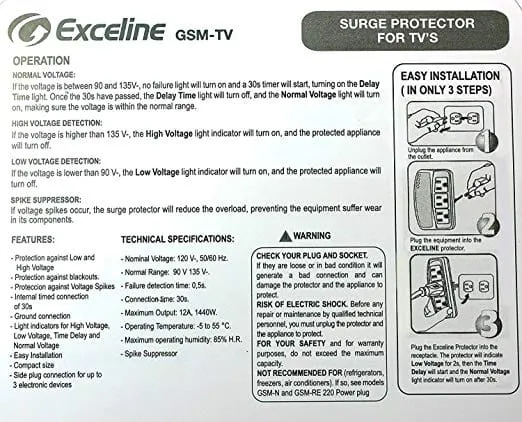 Exceline 3 Outlet Voltage & Electronic TV Surge Protector TV & Entertainment Center Ideal for Audio, LED LCD Tv's Video Game Consoles DVD and Blue -Ray- GSM-TV120E