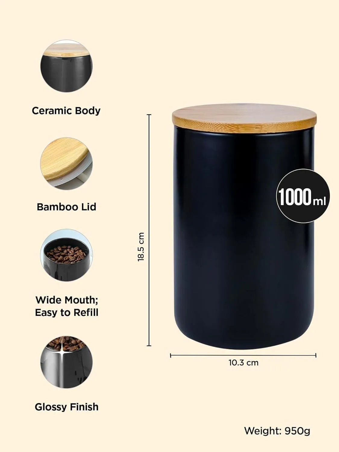 Homestic 1000ml Ceramic Jar for Kitchen Storage | Air tight Container Set with Bamboo Lid | Kitchen Container for Snacks, Tea, Sugar | Multipurpose Organizer | Black | Pack of 2
