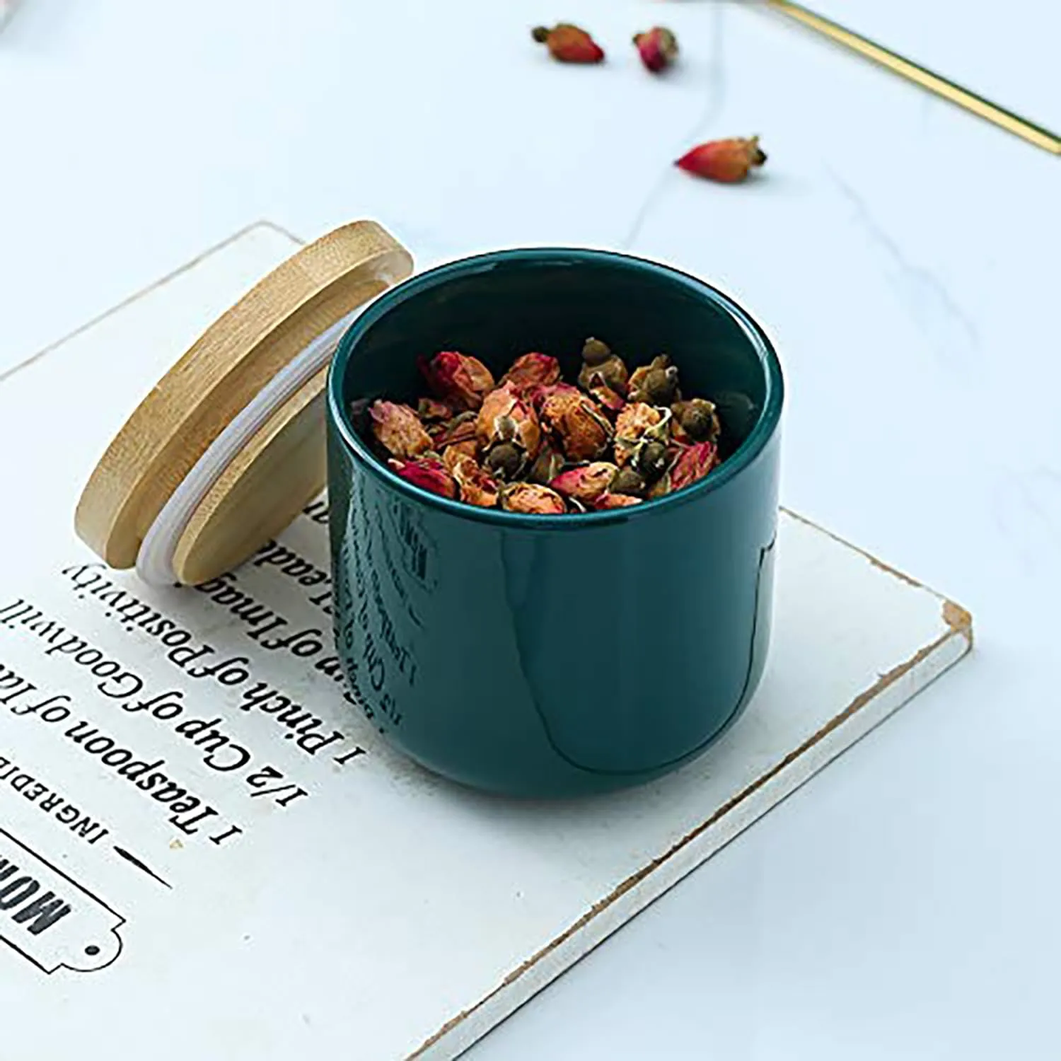 Homestic 260ml Ceramic Jar for Kitchen Storage | Air-tight Container Set with Bamboo Lid | Multipurpose kitchen storage container for Snacks, Tea, Sugar | Green | Pack of 2
