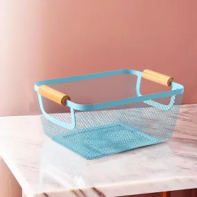 Homestic Metal Mesh Basket for storage with wooden handle | 440gm | Fruit basket for kitchen | Kitchen Organizer | Baskets for organizing home & kitchen | Blue | Multipurpose