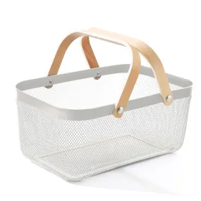Homestic Metal Mesh Basket for Storage with wooden handle| 720gm | Fruit Basket and Vegetable Basket for Kitchen | Kitchen Organizer | Baskets for Organizing Home | White | Multipurpose |