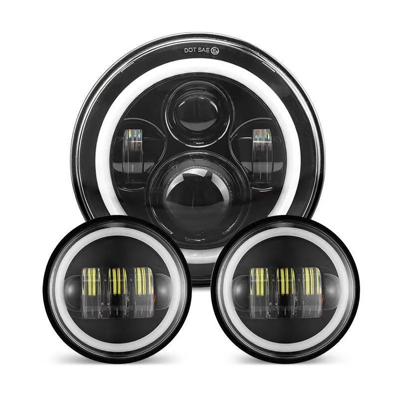 Indian Motorcycle 7 Inch LED Headlights with White Halo and Turn Signal Lights   4.5 Inch LED Halo Fog Lights