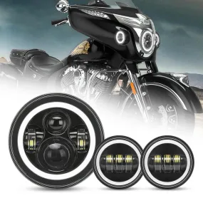 Indian Motorcycle 7 Inch LED Headlights with White Halo and Turn Signal Lights   4.5 Inch LED Halo Fog Lights