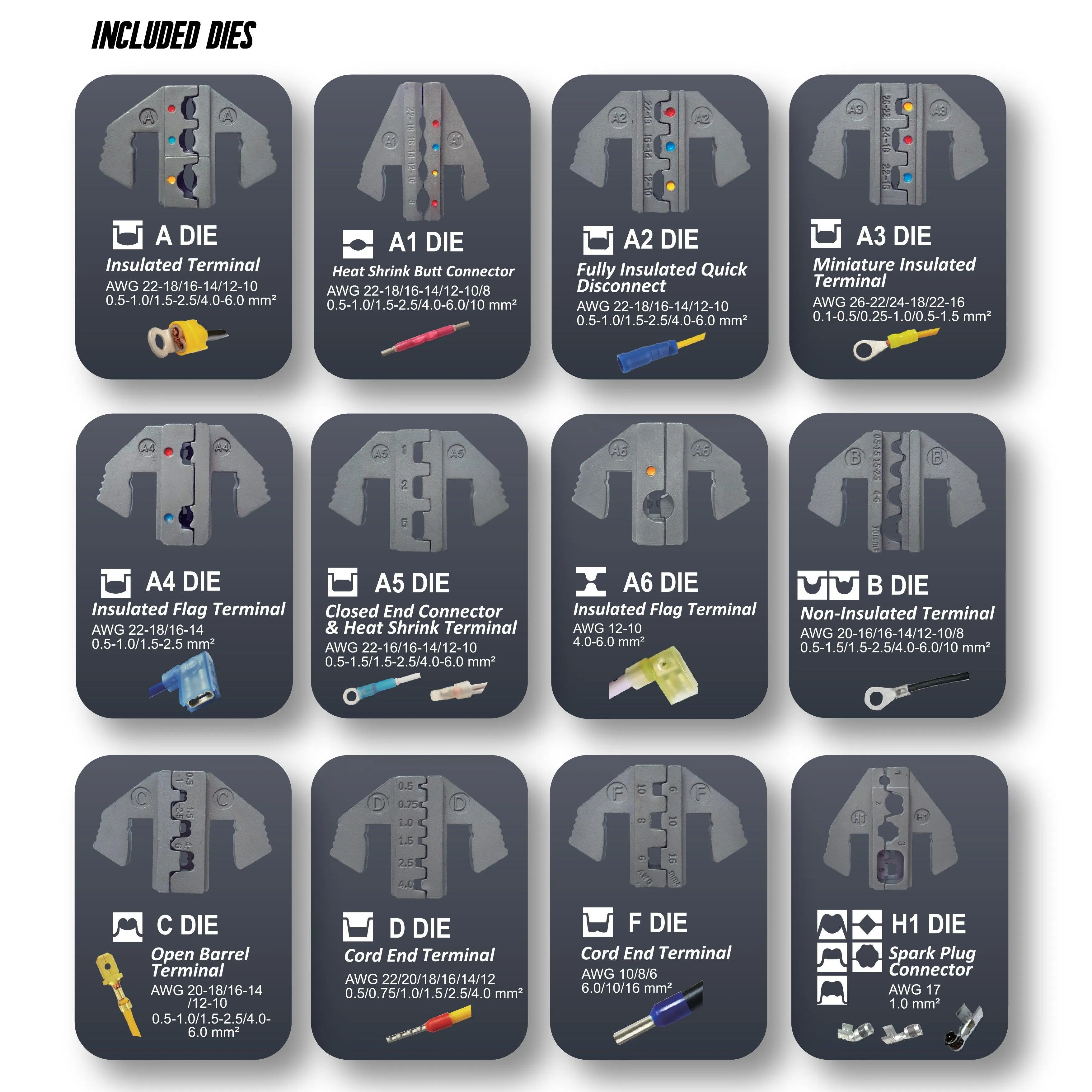 Interchangeable Ratcheting Terminal Crimper Set - 12 Die Sets with Wire Strippers