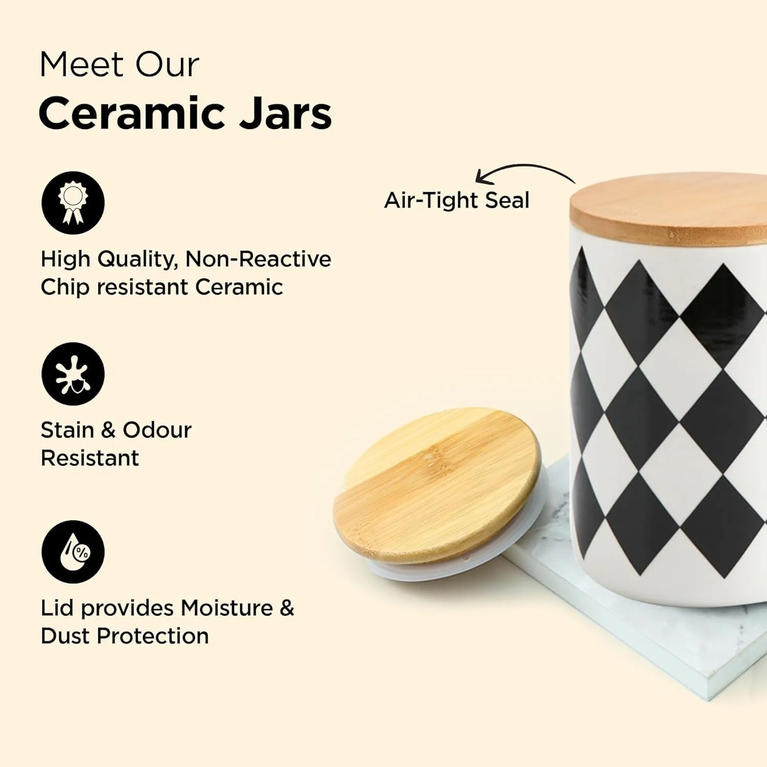 Kuber Industries 800ml Ceramic Jar for Kitchen Storage | Air Tight Container Set with Bamboo Lid | Kitchen Container for Snacks, Tea, Sugar | Multipurpose Organizer | Diamond pattern (Pack of 3)