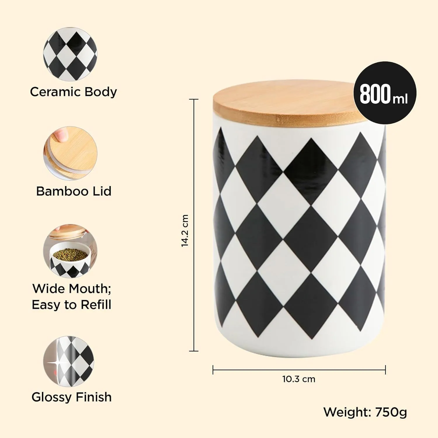 Kuber Industries 800ml Ceramic Jar for Kitchen Storage | Air Tight Container Set with Bamboo Lid | Kitchen Container for Snacks, Tea, Sugar | Multipurpose Organizer | Diamond pattern (Pack of 3)