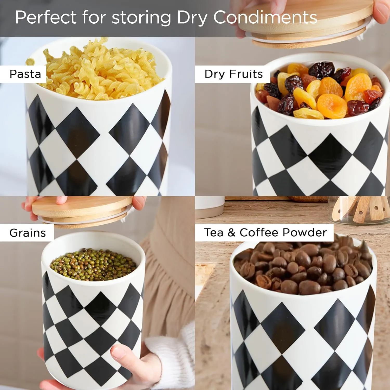 Kuber Industries 800ml Ceramic Jar for Kitchen Storage | Air Tight Container Set with Bamboo Lid | Kitchen Container for Snacks, Tea, Sugar | Multipurpose Organizer | Diamond pattern (Pack of 3)