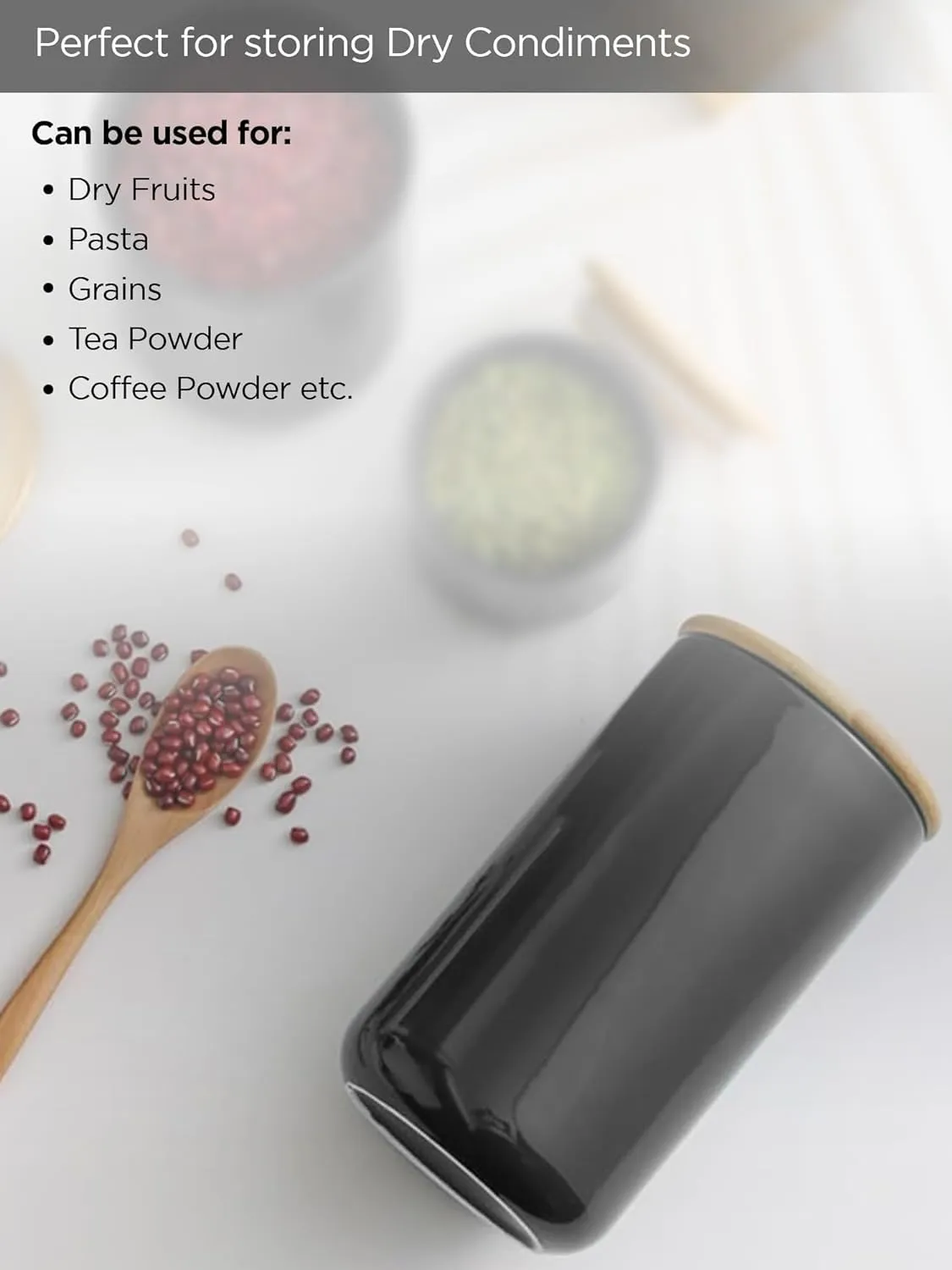 Kuber Industries Ceramic Jar with Bamboo Lid 800ml | Air Tight Containers for Kitchen Storage | Multipurpose-Tea,Coffee,Snacks,Sugar,Salt,Dry Fruit,Pulses | Black (Pack of 2)