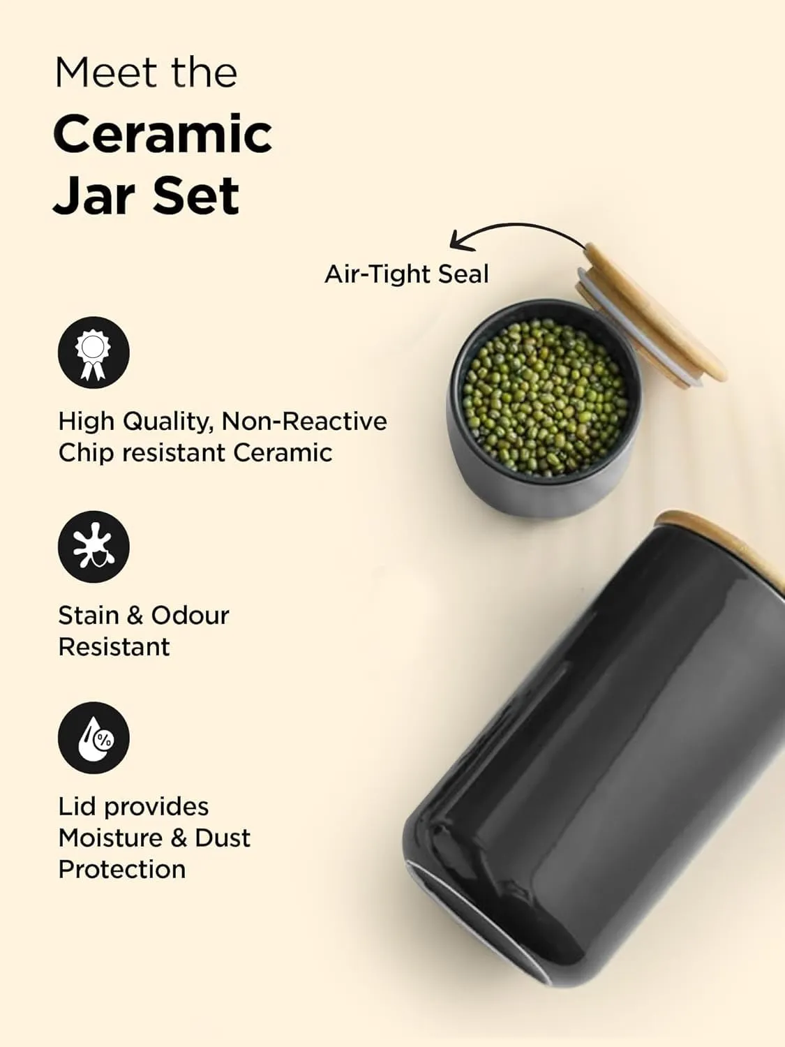 Kuber Industries Ceramic Jar with Bamboo Lid 800ml | Air Tight Containers for Kitchen Storage | Multipurpose-Tea,Coffee,Snacks,Sugar,Salt,Dry Fruit,Pulses | Black (Pack of 2)
