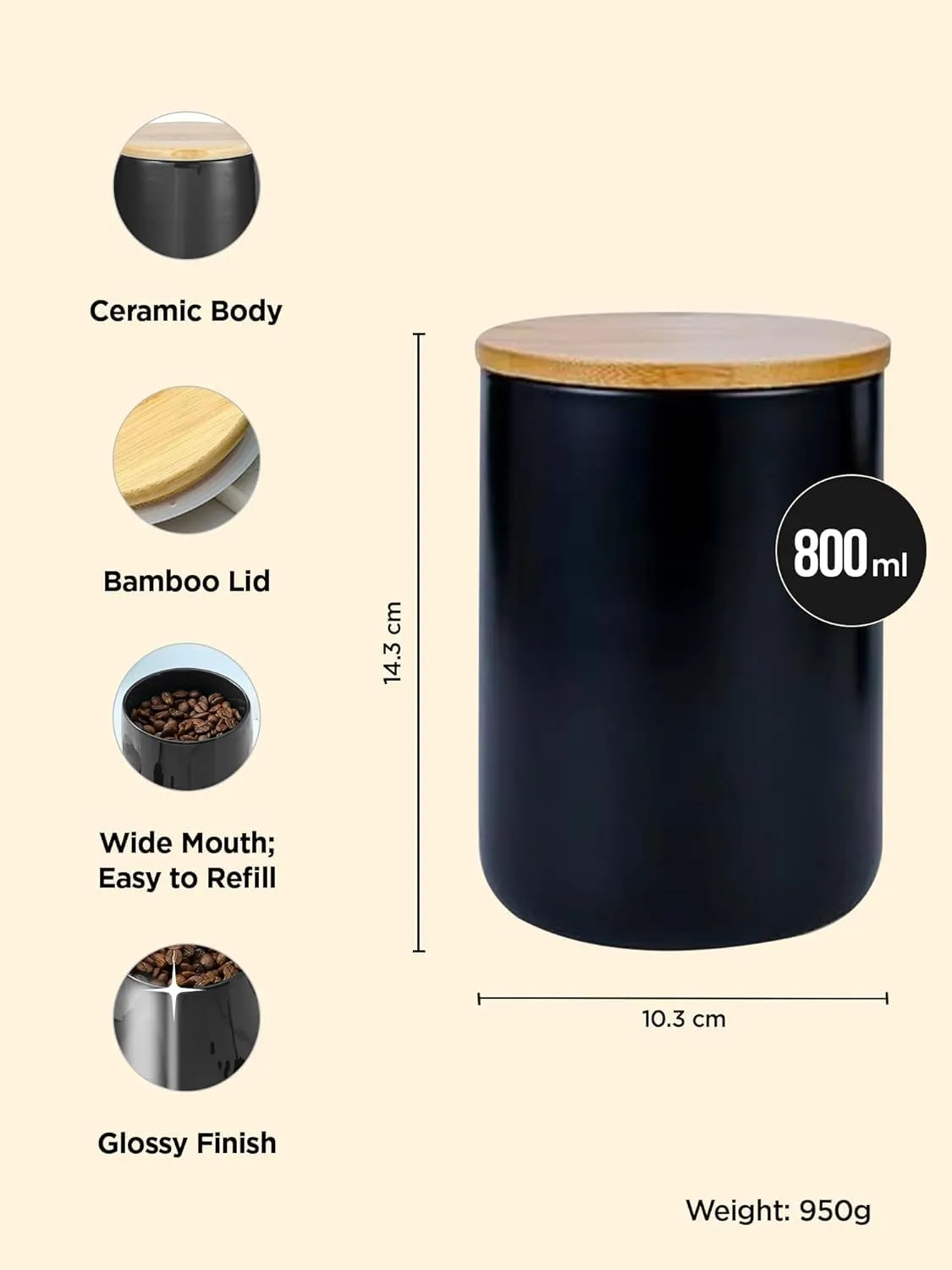 Kuber Industries Ceramic Jar with Bamboo Lid 800ml | Air Tight Containers for Kitchen Storage | Multipurpose-Tea,Coffee,Snacks,Sugar,Salt,Dry Fruit,Pulses | Black (Pack of 2)