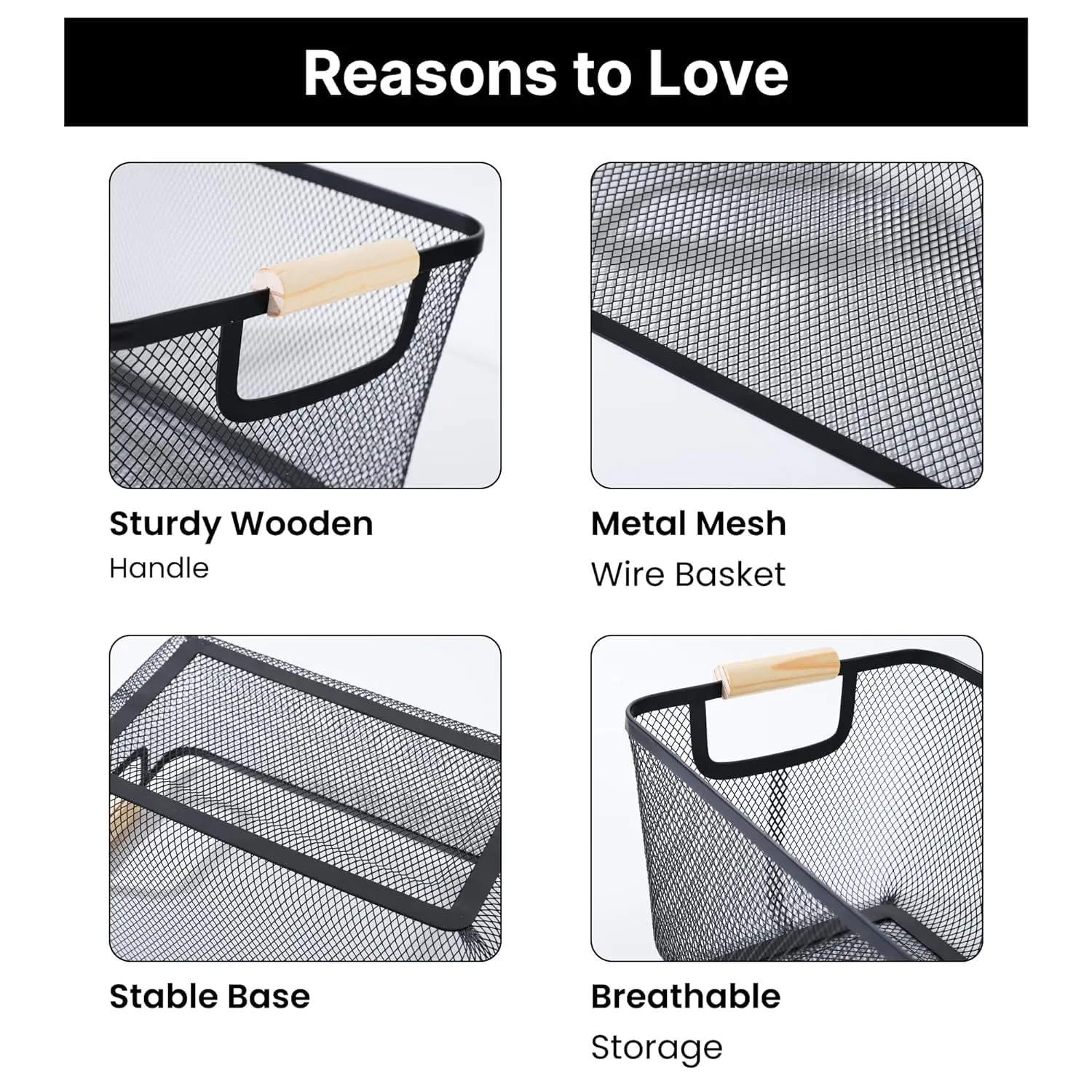 Kuber Industries Metal Mesh Basket for Storage with wooden handle | 360gm | Fruit basket basket for kitchen | Kitchen organizer | Baskets for organizing home and kitchen | Multipurpose | Black
