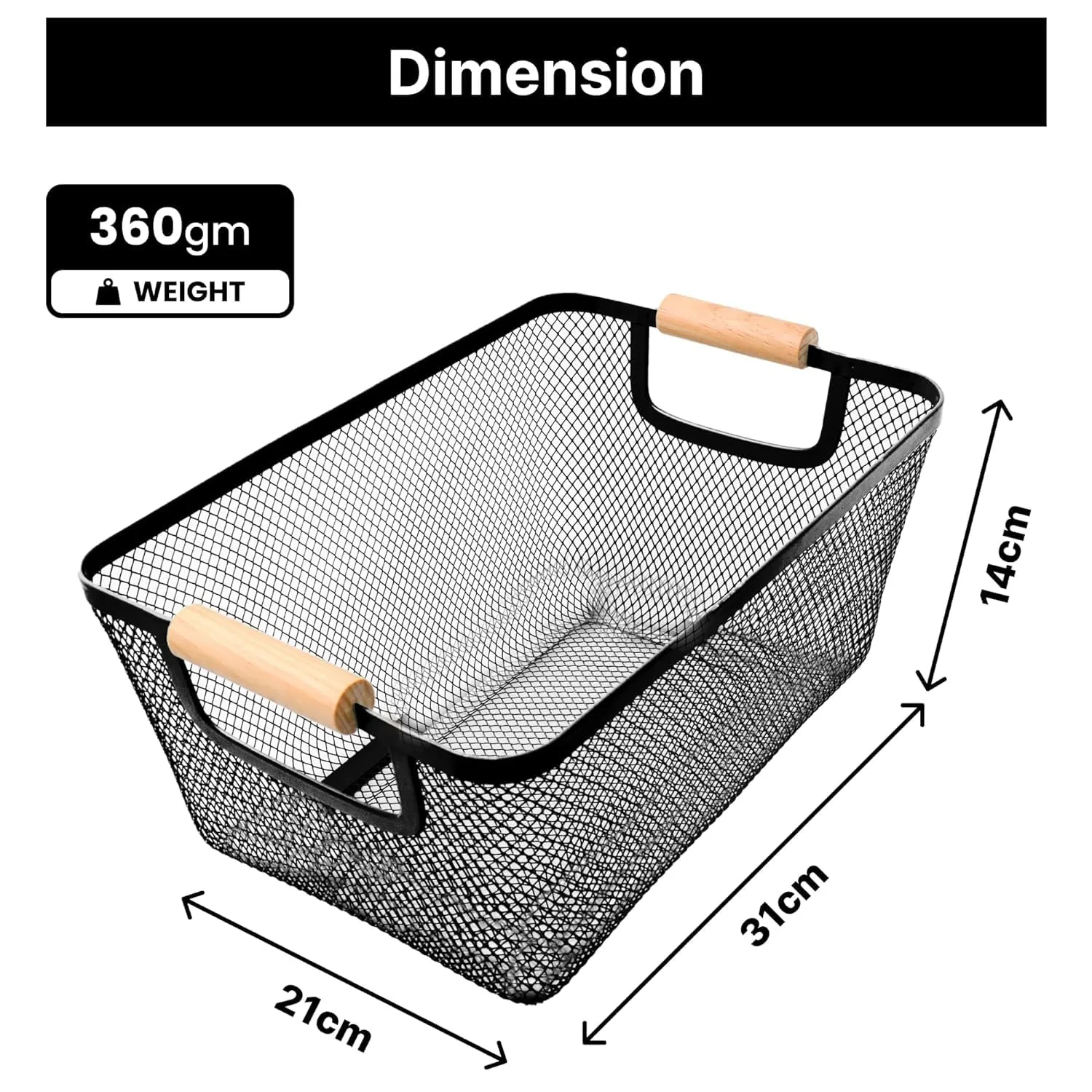 Kuber Industries Metal Mesh Basket for Storage with wooden handle | 360gm | Fruit basket basket for kitchen | Kitchen organizer | Baskets for organizing home and kitchen | Multipurpose | Black