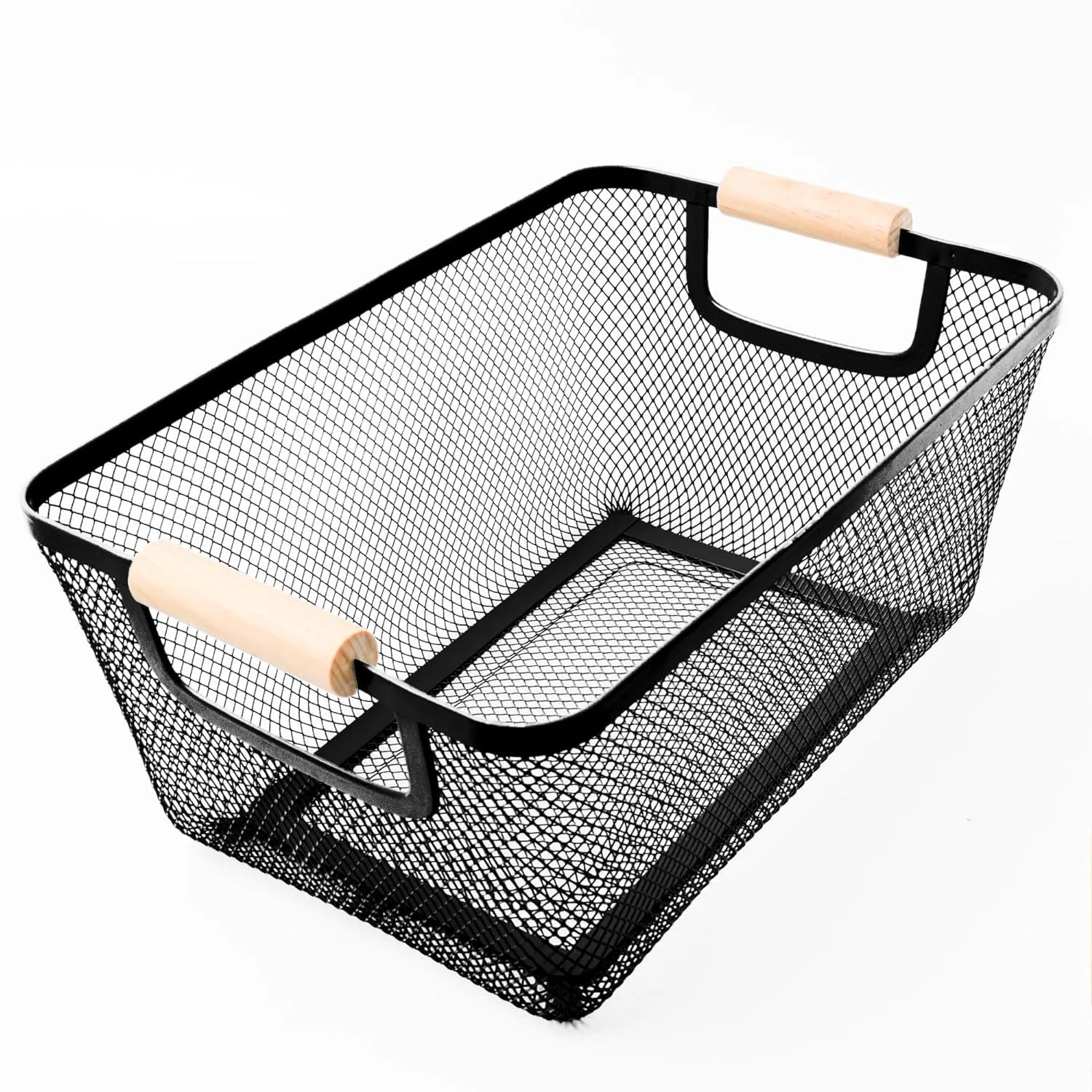Kuber Industries Metal Mesh Basket for Storage with wooden handle | 360gm | Fruit basket basket for kitchen | Kitchen organizer | Baskets for organizing home and kitchen | Multipurpose | Black