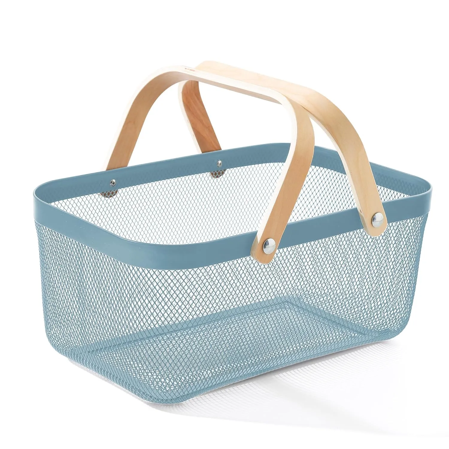 Kuber Industries Rectangular Metal Mesh Basket for Storage with Wooden Handle | 720 Gm | Fruit Basket Basket for Kitchen | Kitchen Organizer | Baskets for Organizing Home| Multipurpose | Blue |