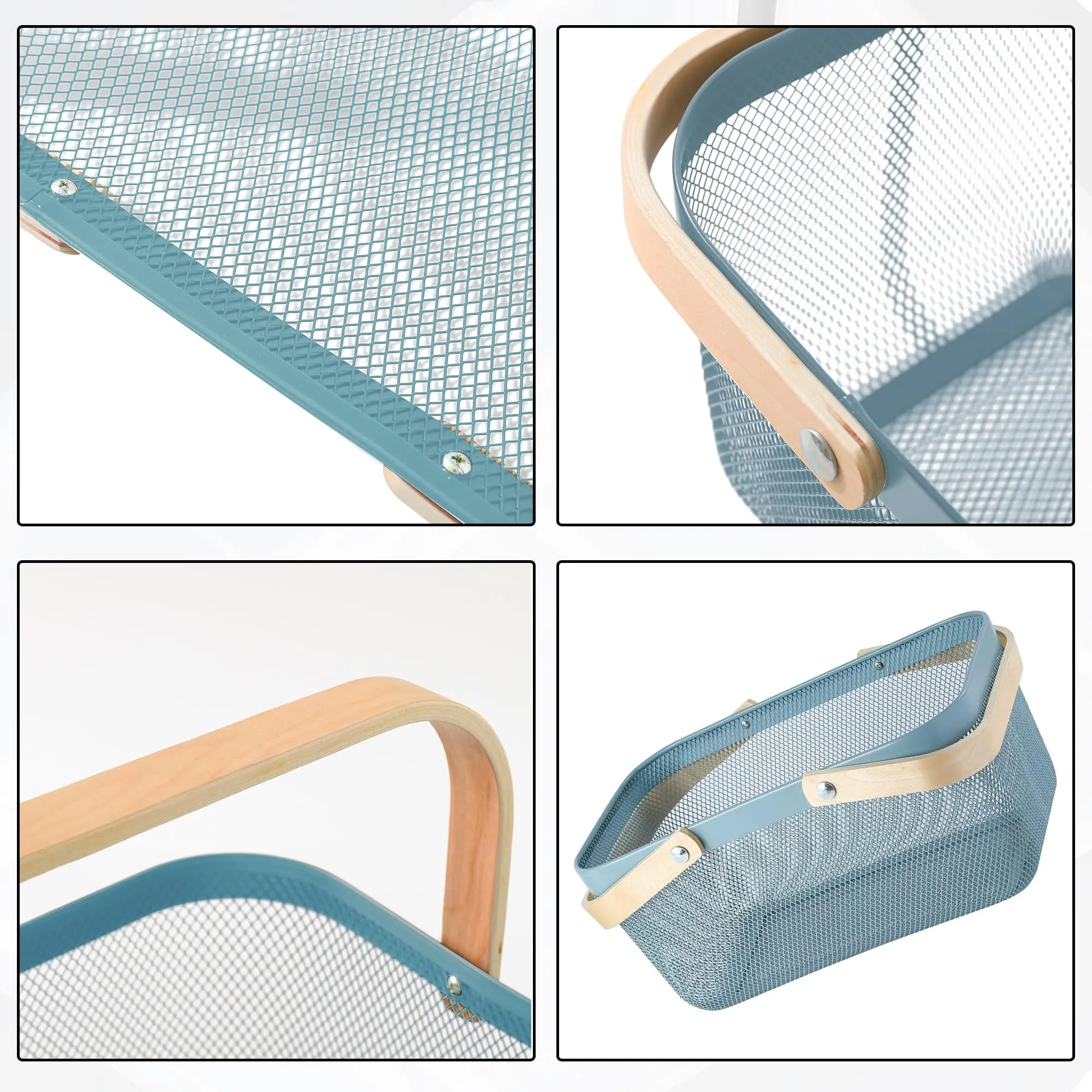 Kuber Industries Rectangular Metal Mesh Basket for Storage with Wooden Handle | 720 Gm | Fruit Basket Basket for Kitchen | Kitchen Organizer | Baskets for Organizing Home| Multipurpose | Blue |