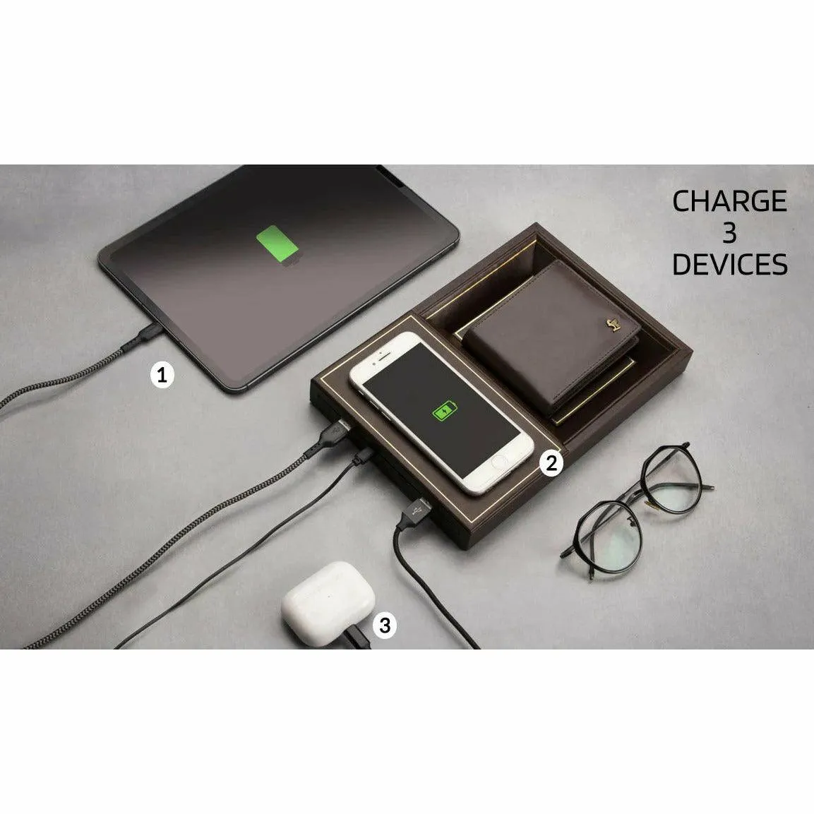 LT Smart Valet Tray 2.0 with wireless charging and power bank 10000 mAh | Color: Brown, Cherry, Black