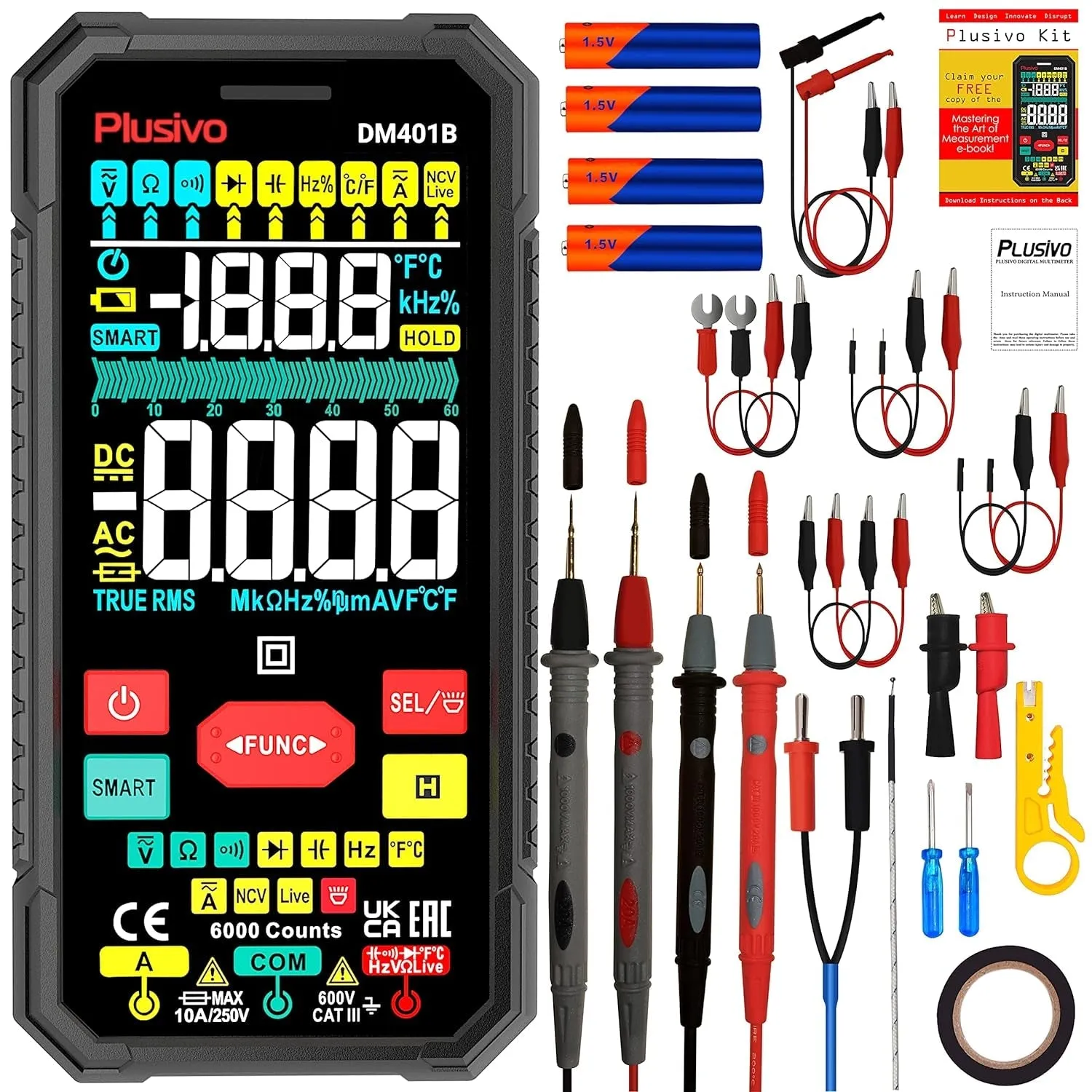 Multimeter 6000 Counts Digital Multimeter TRMS Smart Electrical Tester AC DC Voltmeter Ohm Volt Amp Tests Voltage Current Resistance Continuity Capacitance Temperature Frequency with NCV Live Test
