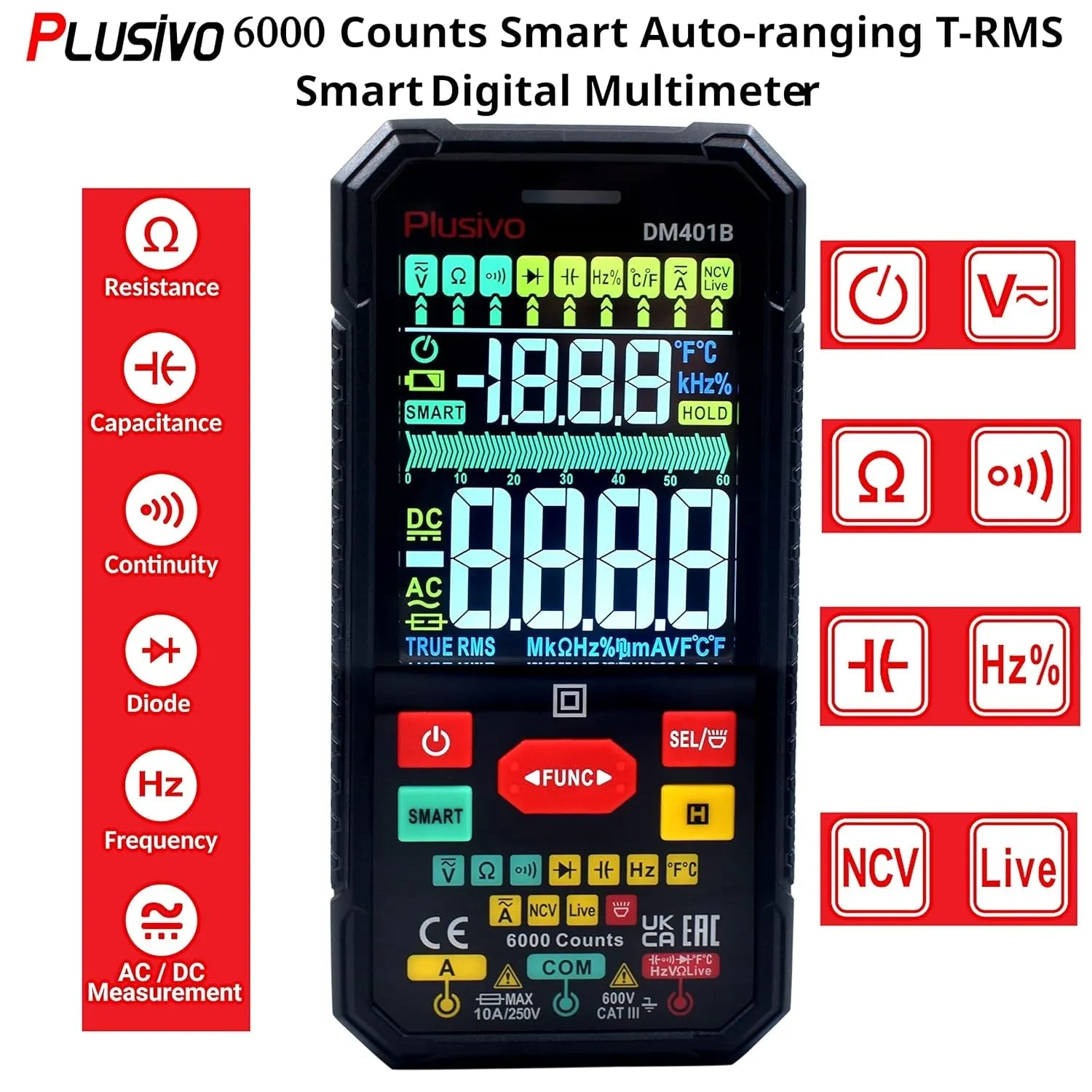 Multimeter 6000 Counts Digital Multimeter TRMS Smart Electrical Tester AC DC Voltmeter Ohm Volt Amp Tests Voltage Current Resistance Continuity Capacitance Temperature Frequency with NCV Live Test