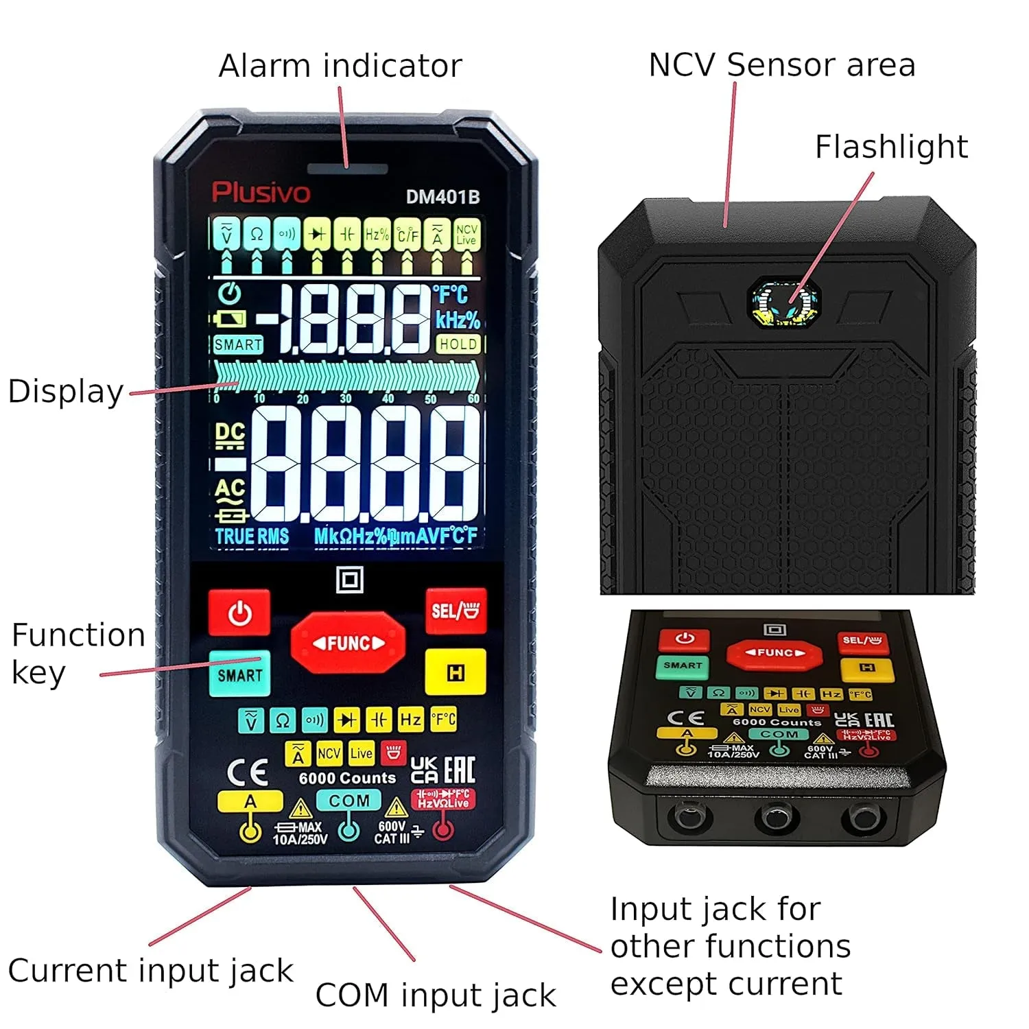 Multimeter 6000 Counts Digital Multimeter TRMS Smart Electrical Tester AC DC Voltmeter Ohm Volt Amp Tests Voltage Current Resistance Continuity Capacitance Temperature Frequency with NCV Live Test
