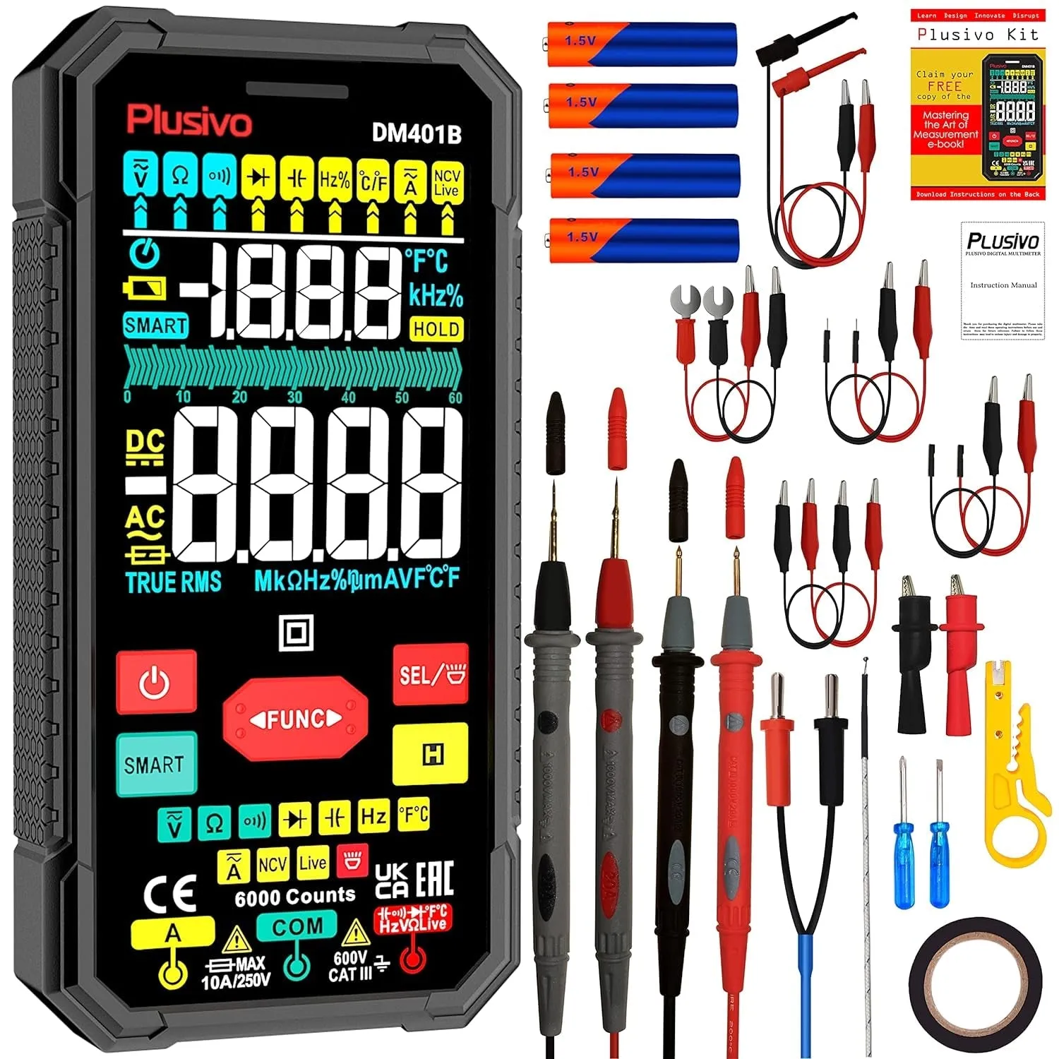 Multimeter 6000 Counts Digital Multimeter TRMS Smart Electrical Tester AC DC Voltmeter Ohm Volt Amp Tests Voltage Current Resistance Continuity Capacitance Temperature Frequency with NCV Live Test