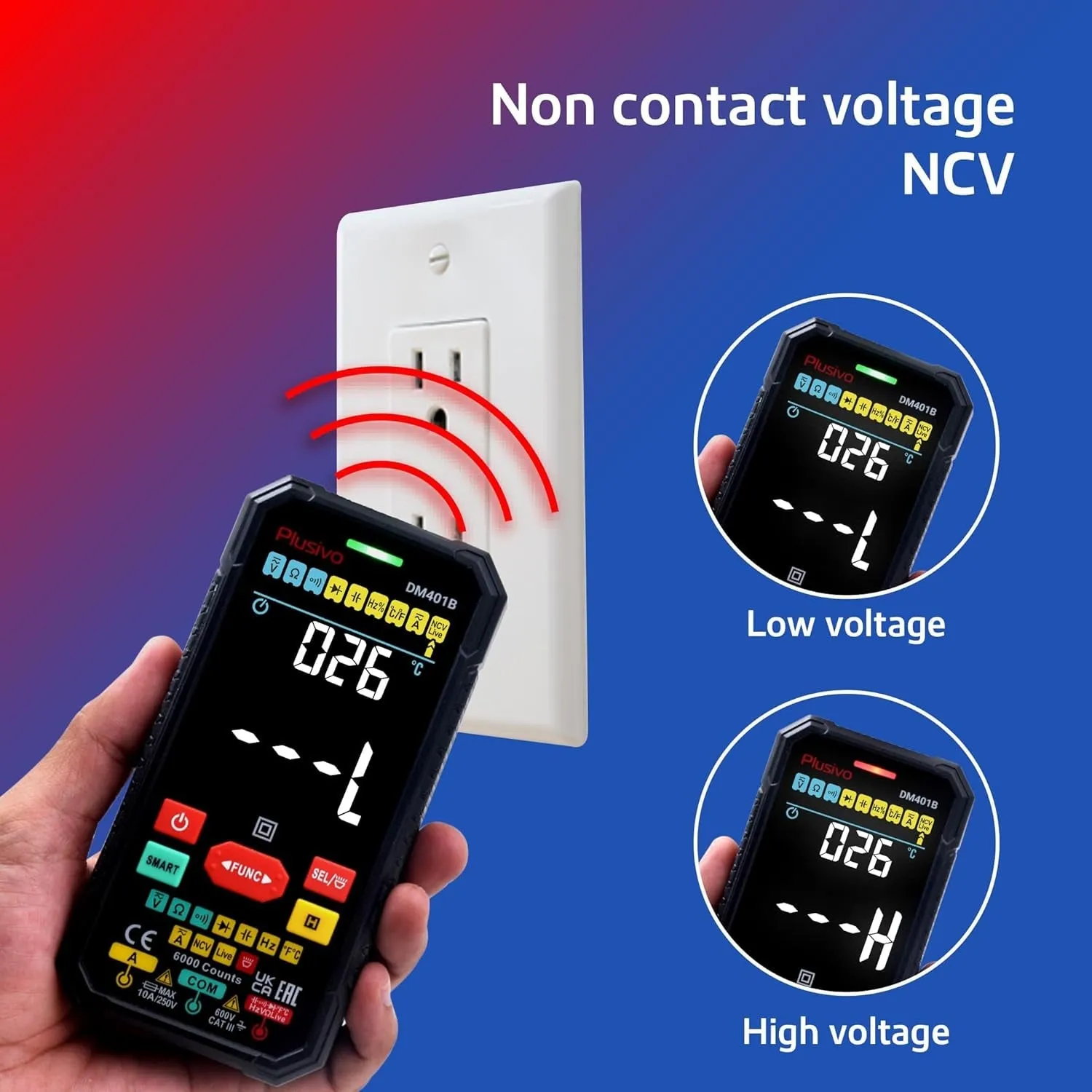 Multimeter 6000 Counts Digital Multimeter TRMS Smart Electrical Tester AC DC Voltmeter Ohm Volt Amp Tests Voltage Current Resistance Continuity Capacitance Temperature Frequency with NCV Live Test