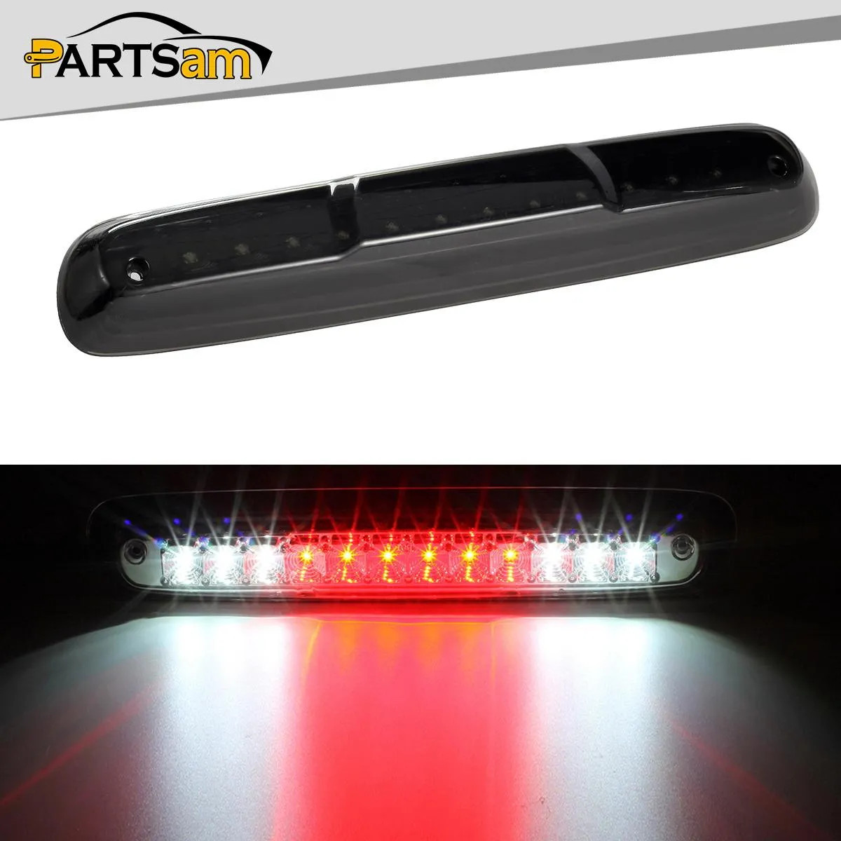 Partsam High Mount Stop Light Led Third 3rd Brake Light Replacement for Silverado and Sierra 1500 2500 HD 3500 HD 2007 to 2013 Rear Cab Roof Brake Tail Light Cargo Lamp Smoke Lens Black Housing