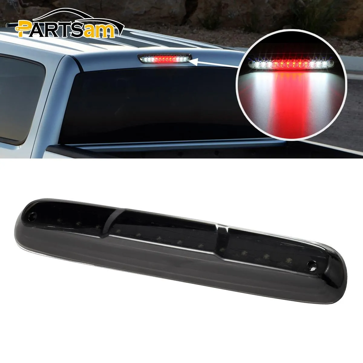 Partsam High Mount Stop Light Led Third 3rd Brake Light Replacement for Silverado and Sierra 1500 2500 HD 3500 HD 2007 to 2013 Rear Cab Roof Brake Tail Light Cargo Lamp Smoke Lens Black Housing