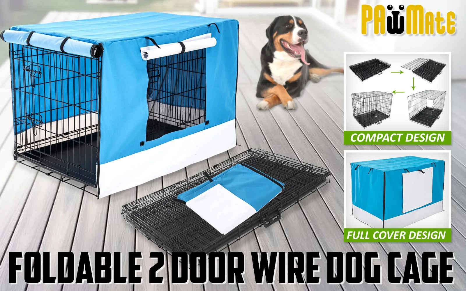 Paw Mate Wire Dog Cage Foldable Crate Kennel 24in with Tray   Blue Cover Combo