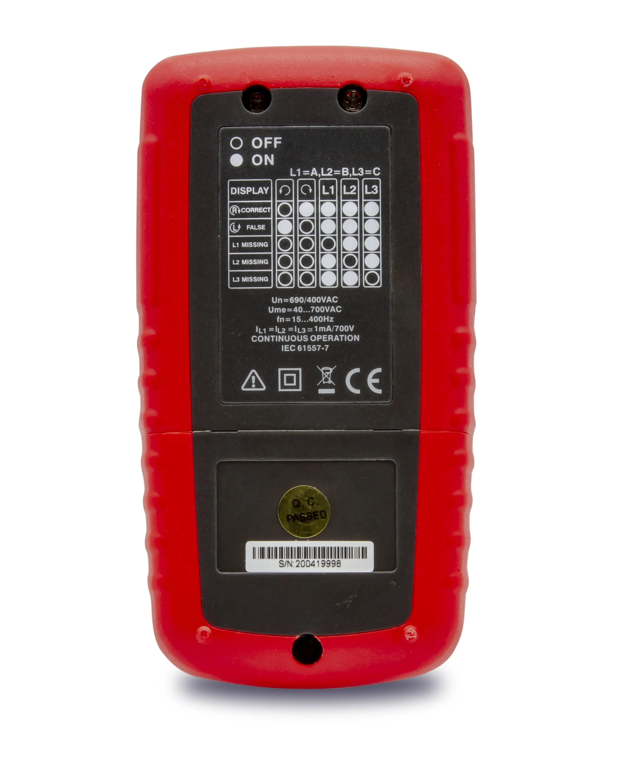 Phase Rotation Tester:  Determines Correct Phase Wiring Sequence for 3-Phase System Installations CATIII 600V - (PR400)