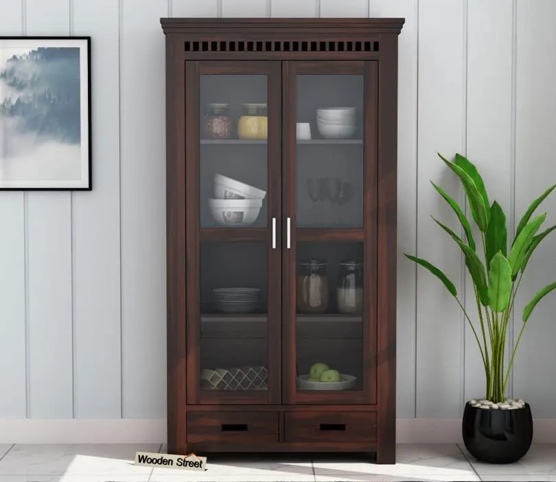 SNAP FURNITURE Solid Wooden Crockery Cabinet for Kitchen & Dining Room |sheesham Wood Free Standing Movable Tv Unit Side Board Crockery Cabinet with Drawers & Door (Modern-01-Walnut)