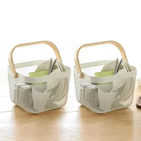 The Better Home Mesh Metal Basket for Storage (2Pcs - 25 * 25 * 18cm) 11.25L | Bathroom Organiser | Picnic Basket With Wooden Handle | Home Storage Organizer | Storage Box | Anti-Rust Surface - White