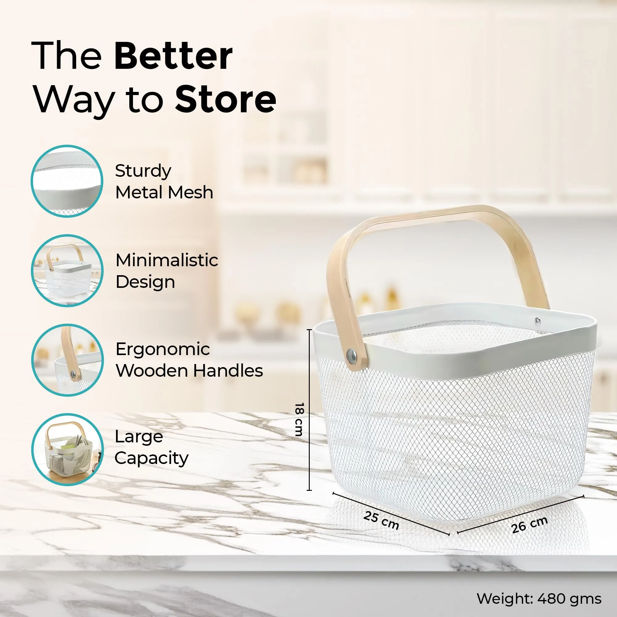 The Better Home Mesh Metal Basket for Storage (2Pcs - 25 * 25 * 18cm) 11.25L | Bathroom Organiser | Picnic Basket With Wooden Handle | Home Storage Organizer | Storage Box | Anti-Rust Surface - White