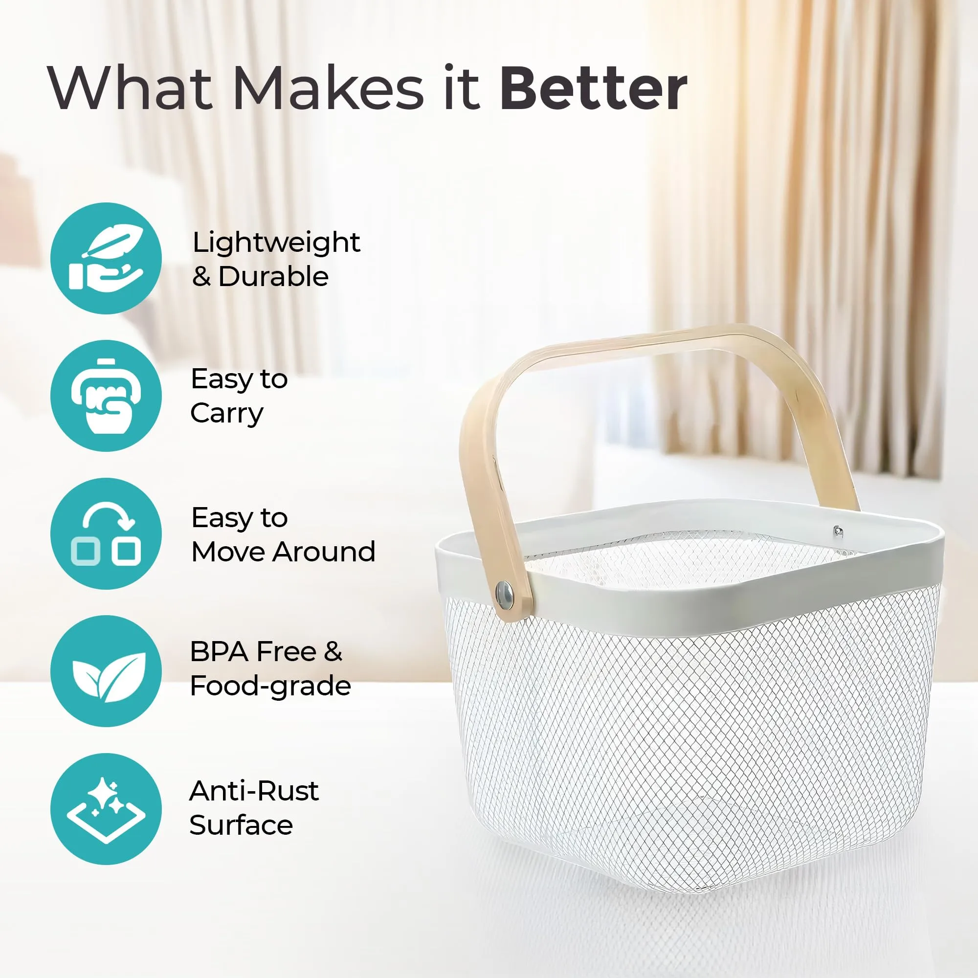 The Better Home Mesh Metal Basket for Storage (2Pcs - 25 * 25 * 18cm) 11.25L | Bathroom Organiser | Picnic Basket With Wooden Handle | Home Storage Organizer | Storage Box | Anti-Rust Surface - White