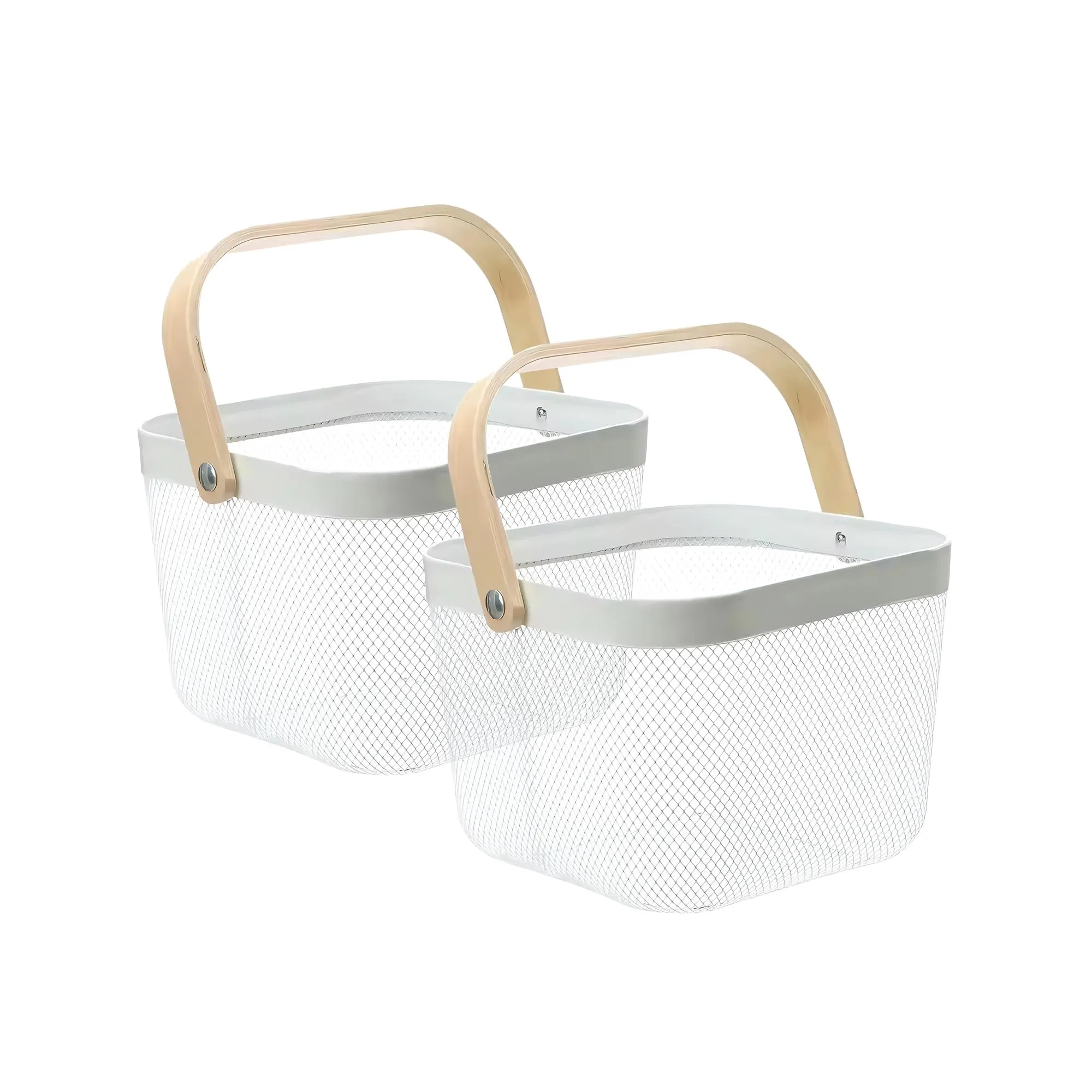 The Better Home Mesh Metal Basket for Storage (2Pcs - 25 * 25 * 18cm) 11.25L | Bathroom Organiser | Picnic Basket With Wooden Handle | Home Storage Organizer | Storage Box | Anti-Rust Surface - White