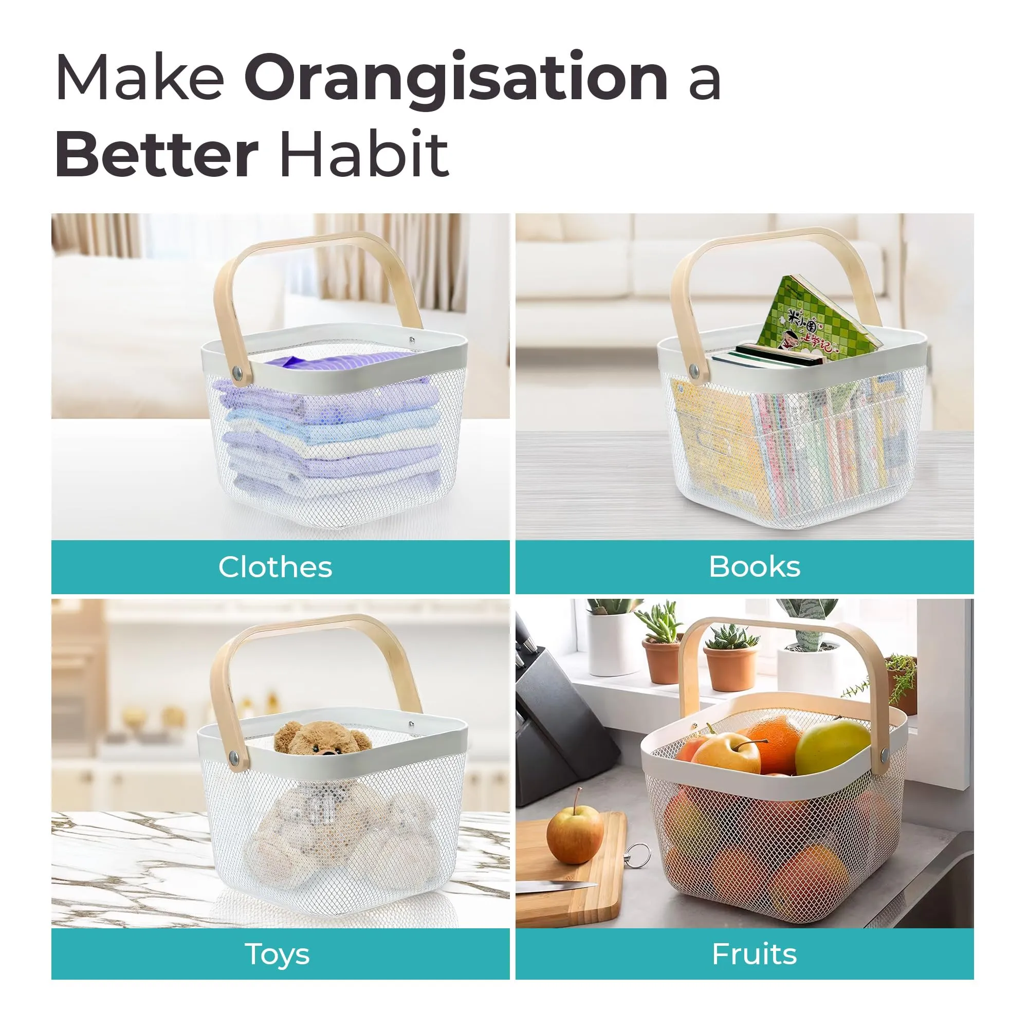 The Better Home Mesh Metal Basket for Storage (2Pcs - 25 * 25 * 18cm) 11.25L | Bathroom Organiser | Picnic Basket With Wooden Handle | Home Storage Organizer | Storage Box | Anti-Rust Surface - White